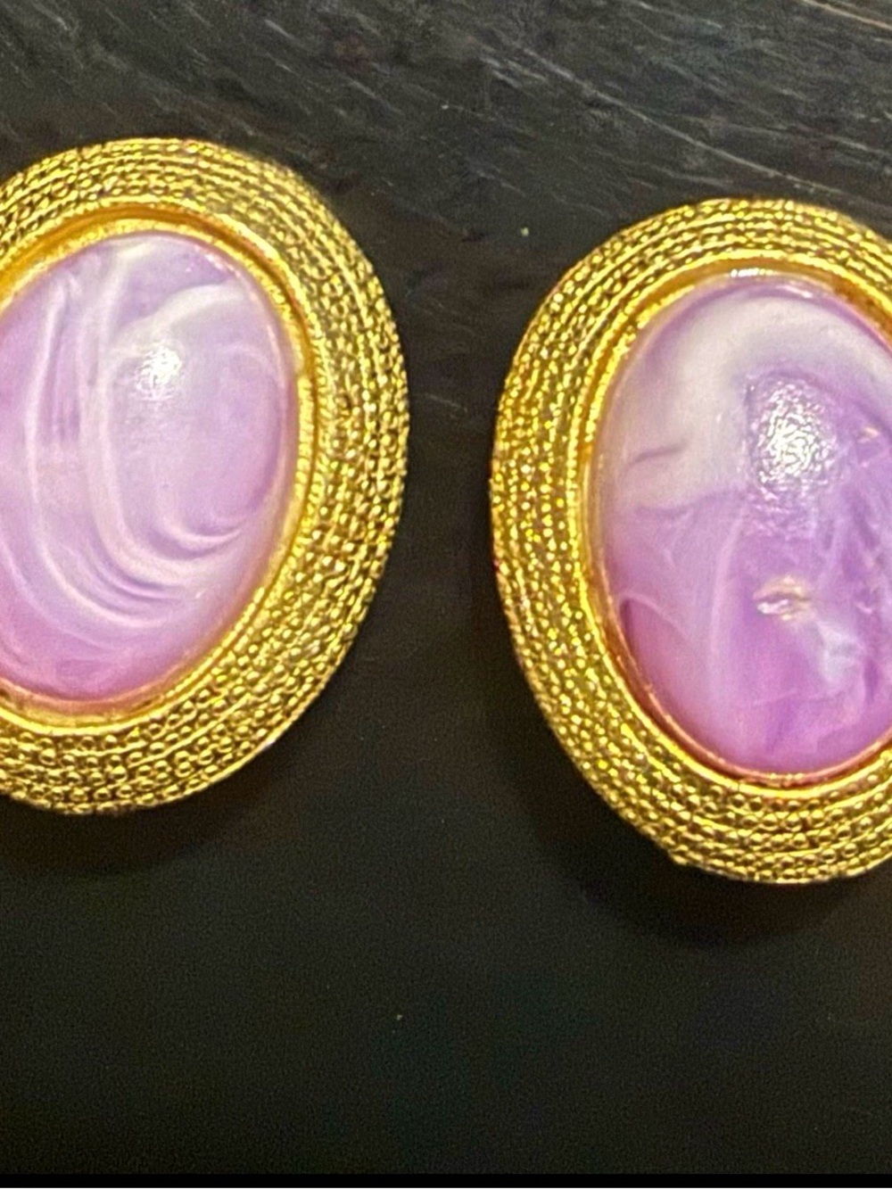 Gold Edged Earrings with Purple Swirl Cabochons